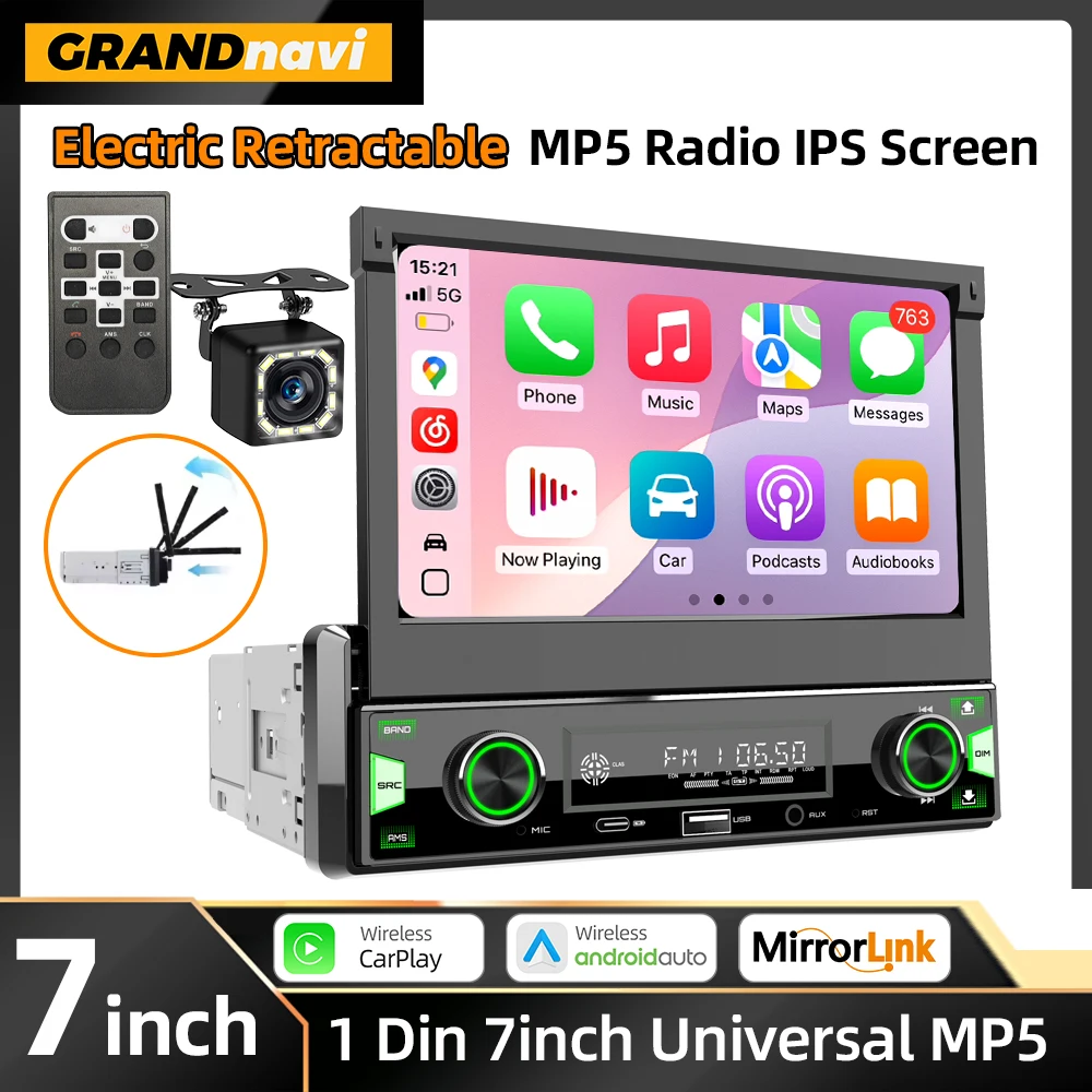 1Din 7'' MP5 Radio-Player FM AM RDS Automatisch Einziehbarer Bildschirm Kabelloses Carplay Android Auto Multimedia USB Typ-C Autoradio
