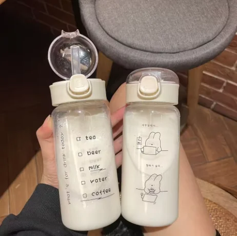 350ml Leak Proof Cartoon Water Bottle with Straw Bounce Lid Cute Portable Tumbler for School Office Travel Kawaii