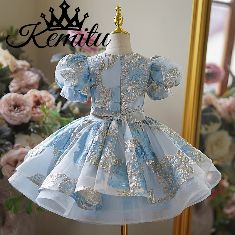 Robe en dentelle brodée florale bleu ciel pour tout-petits, robes de demoiselle d'honneur, manches bouffantes, longueur au genou, jolie fille, anniversaire, fête de mariage