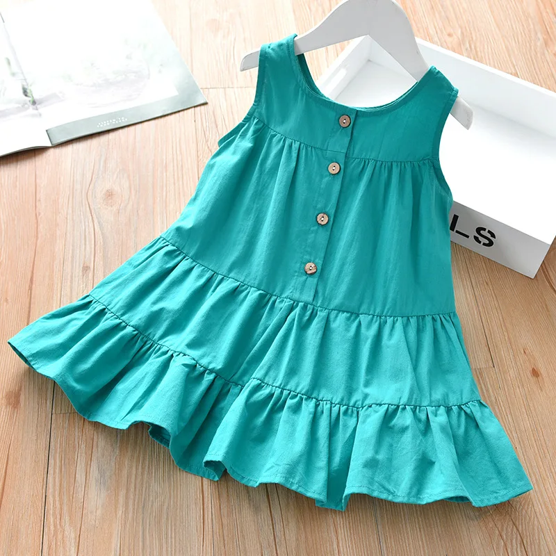 Summer Children Girls Dress for Kids Cotton Sleeveless Button Dress Girls Baby White Blue Sundress Teenager Girls Casual Clothes