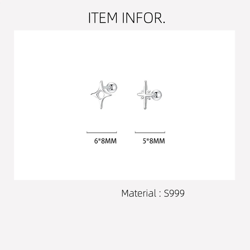 S999 Sterling Silver Four Pointed Star Stud Earrings for Women Girls, Dainty Asymmetric Star Ear Studs with Screw Back Option