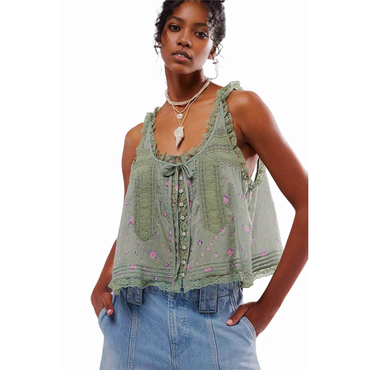 ABQR Women Summer Boho Tie Front Tops Lace Beach Button Down Tank Sleeveless Mesh Chiffon Crop Tops Y2k 2025 Green S