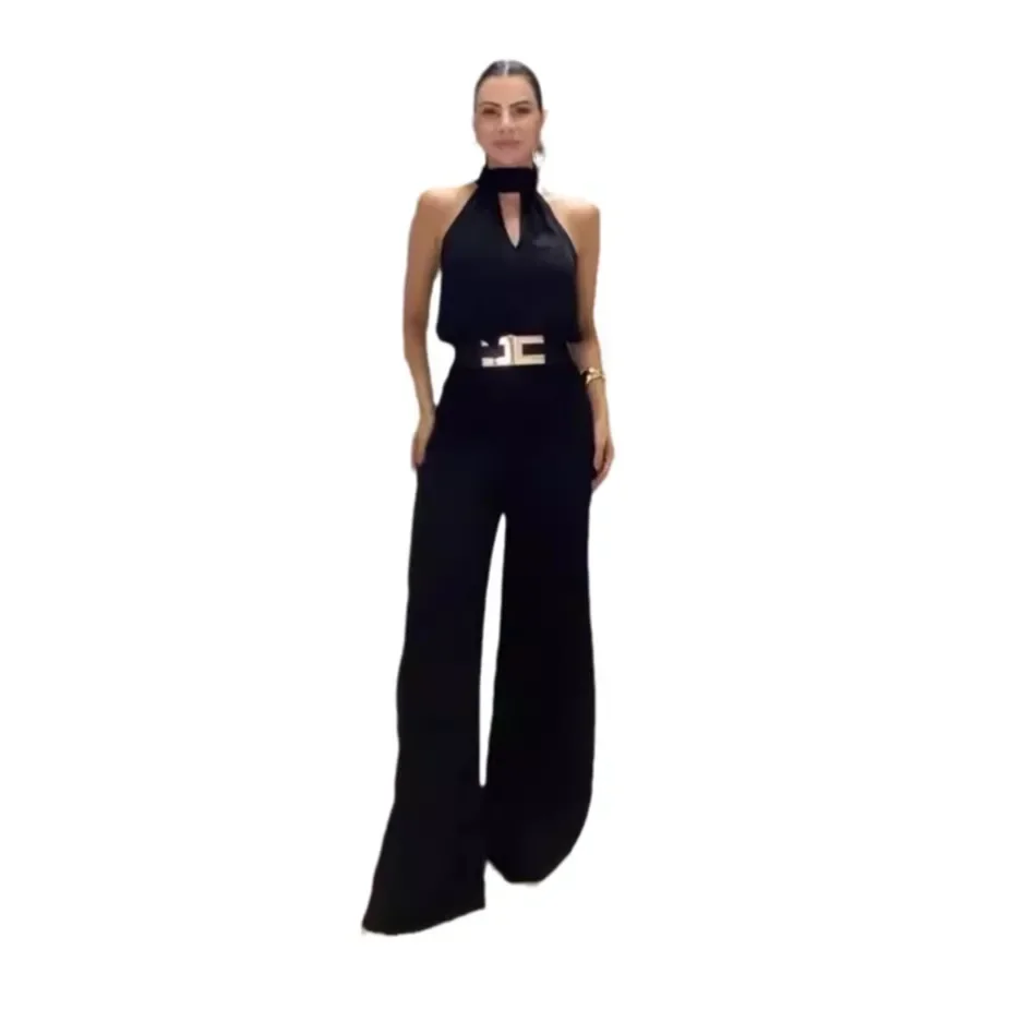 Summer New Fashion Round Neck High Waist Solid Color Wide Leg Loose Trousers Playsuit Jumpsuits Women