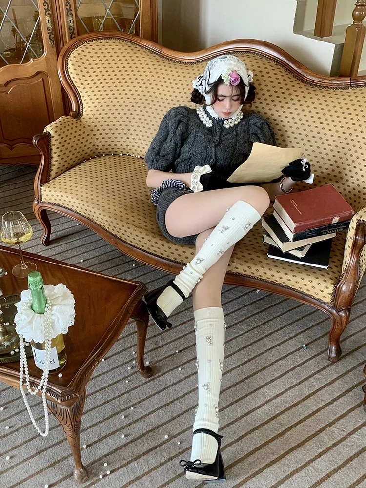Luxury Thick Wool Stockings Women Medium Tube Socks Heavy Industry Knee Socks Rhinestone Pearl Autumn and Winter Stockings