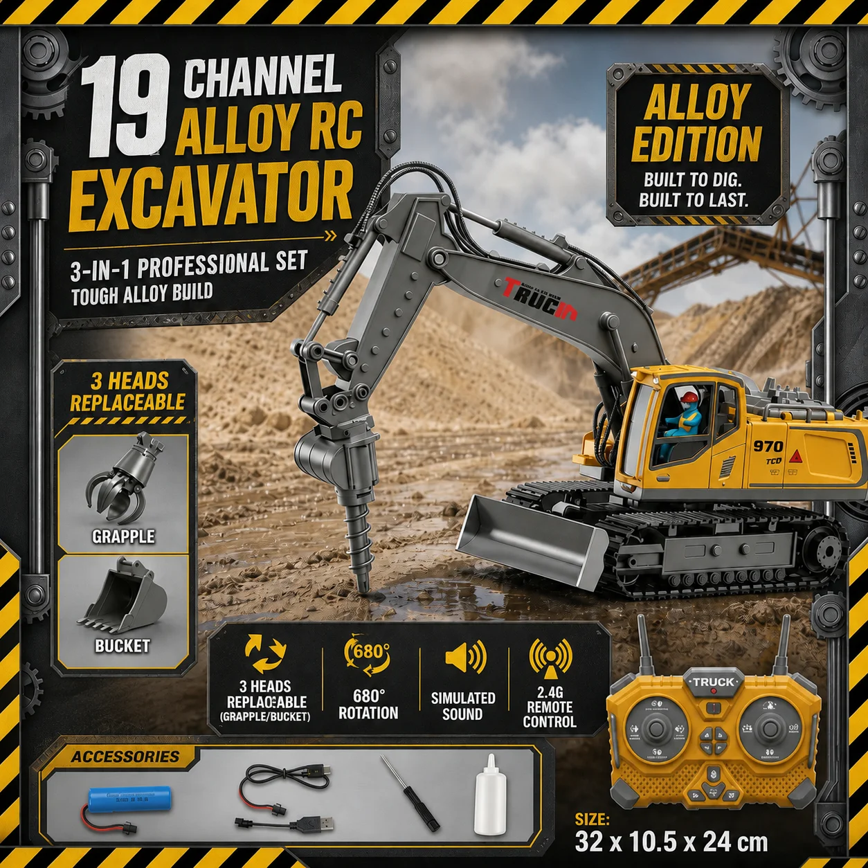 3-in-1 RC Construction Vehicle, Alloy Excavator Toy with Drill & Grabber Heads, Birthday Gift for Boys