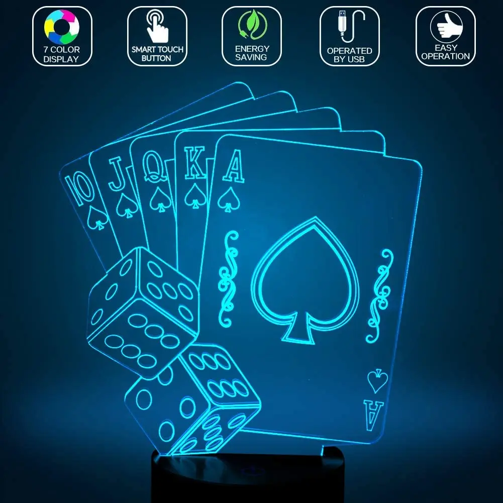 3d luz da noite mágico decoração dice poker spades cartão de jogo 7 cores mudando controle remoto luz da noite presente para a decoração do quarto