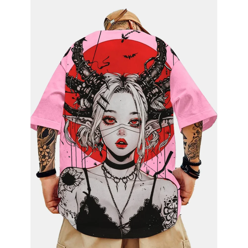 Japanese Anime Pattern Print Men\'s T-Shirt Tops Summer T-Shirt Short Sleeved Clothing Loose Oversized Casual Street Blouse Man