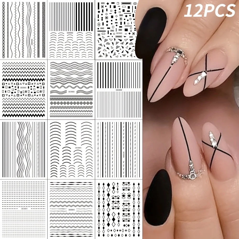 

Самоклеящиеся глянцевые черно-белые наклейки, 12 предметов — 3D полоски и геометрические узоры, простые в применении наклейки для ногтей «сделай сам»,