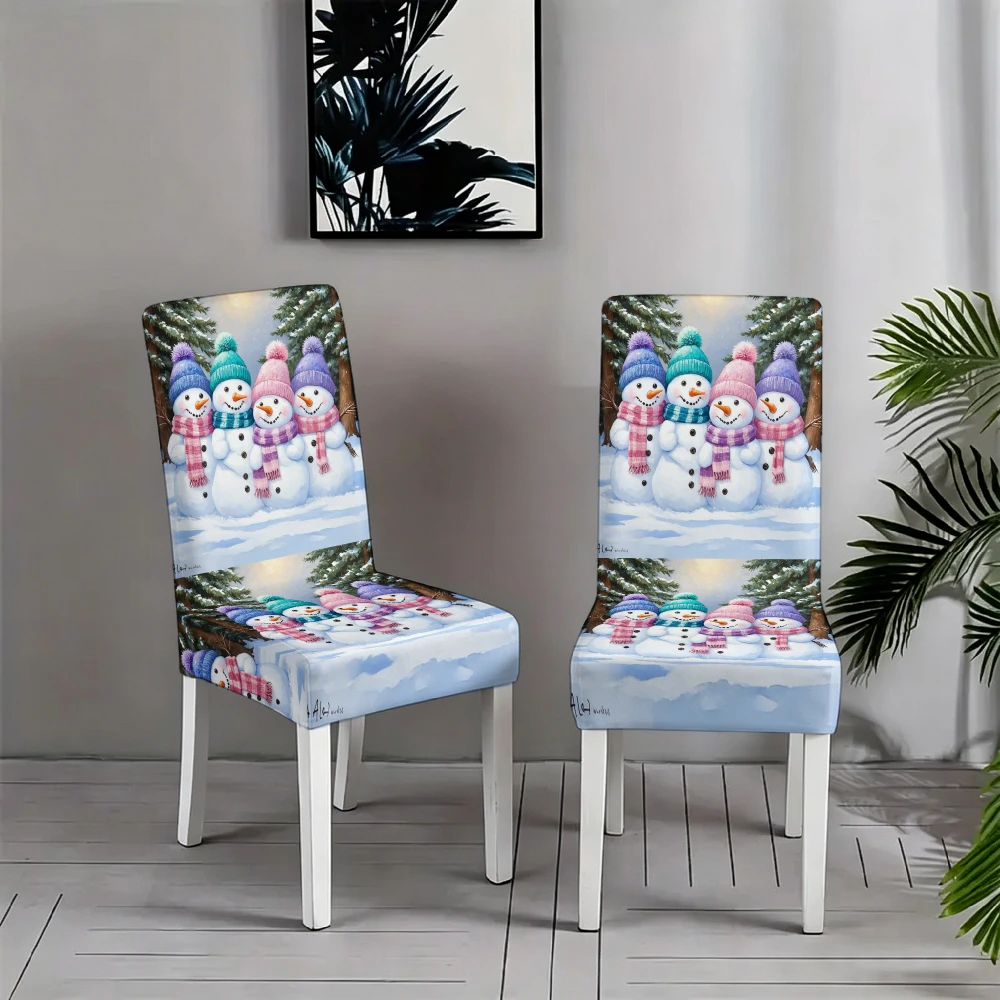 Winter Four Snowman Knit Pom Pom Hat Scarf Pine Tree Dining Chair Slipcover Stretch Xmas Holiday Chair Cover