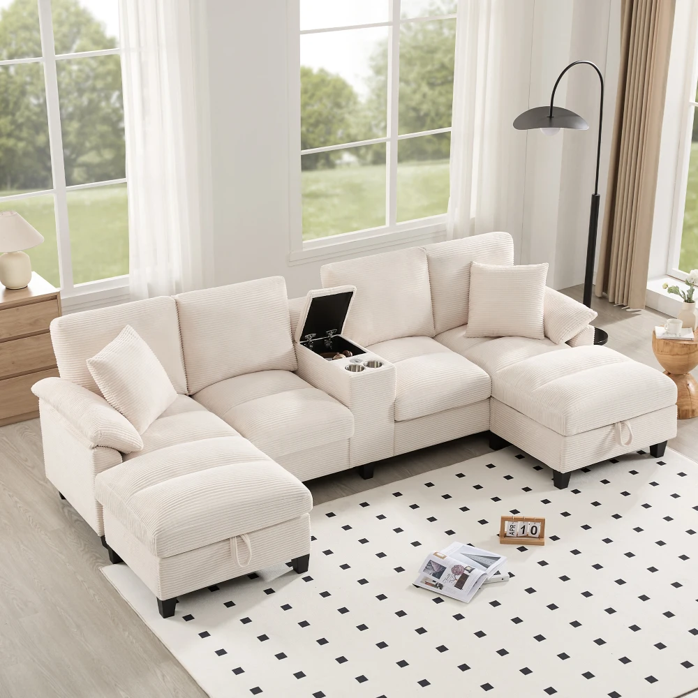 Geräumiges U-förmiges Sofa mit Stauraum, übergroßer Cordplatte und Kissen, Getränkehalter und 2 USB-Anschlüsse aus Edelstahl