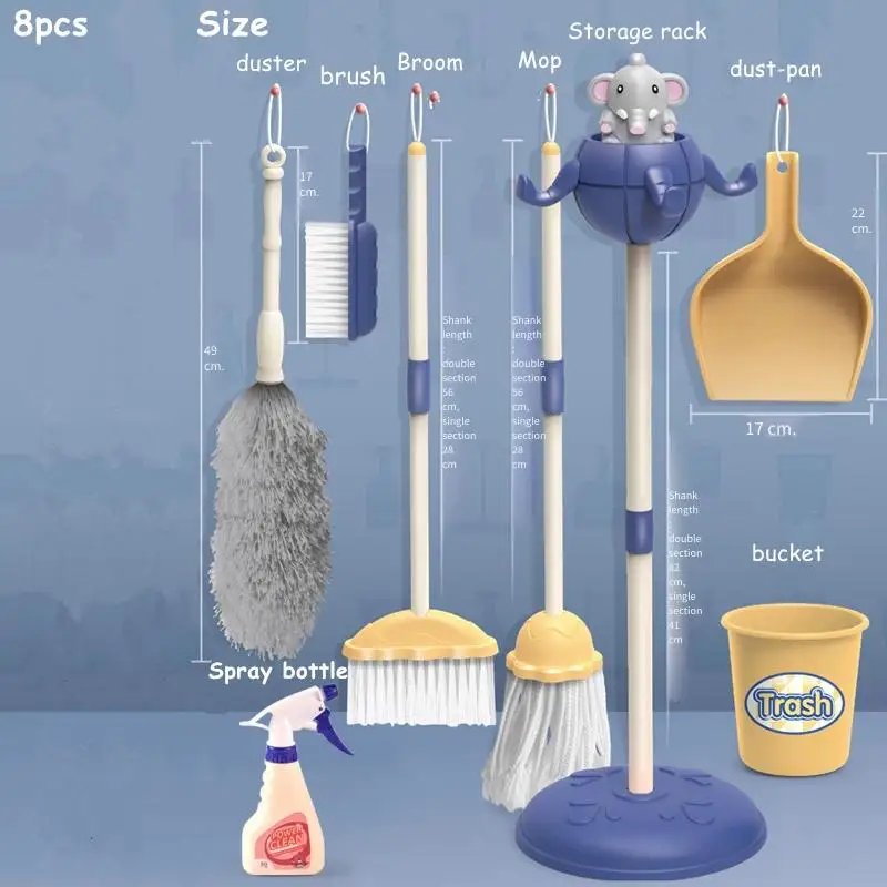 8pcs Kids House Cleaning Tools Kit Simulation Toys Pretend Play Children Broom Holder Spray Bottle Mop Dustpan Novety Gifts 1KG