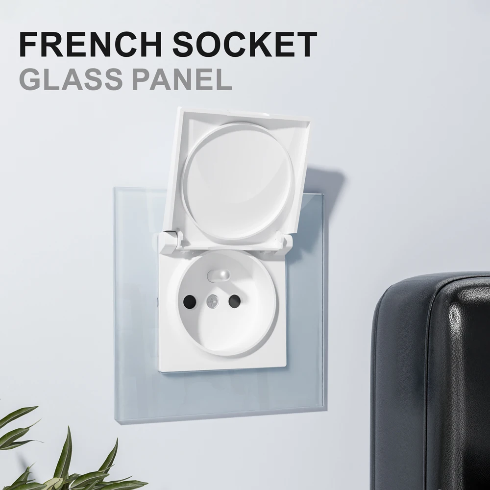 European standard socket 86 type tempered glass panel European style French socket with cover 16A 250V French wall socket CE