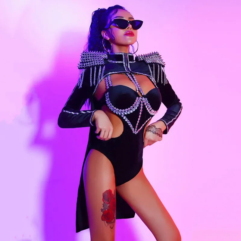 여성 가수 댄서 무대 공연 의상 블랙 리벳 체인 에포렛 바디수트 2피스 세트 재즈 댄스 의상 나이트클럽 의류