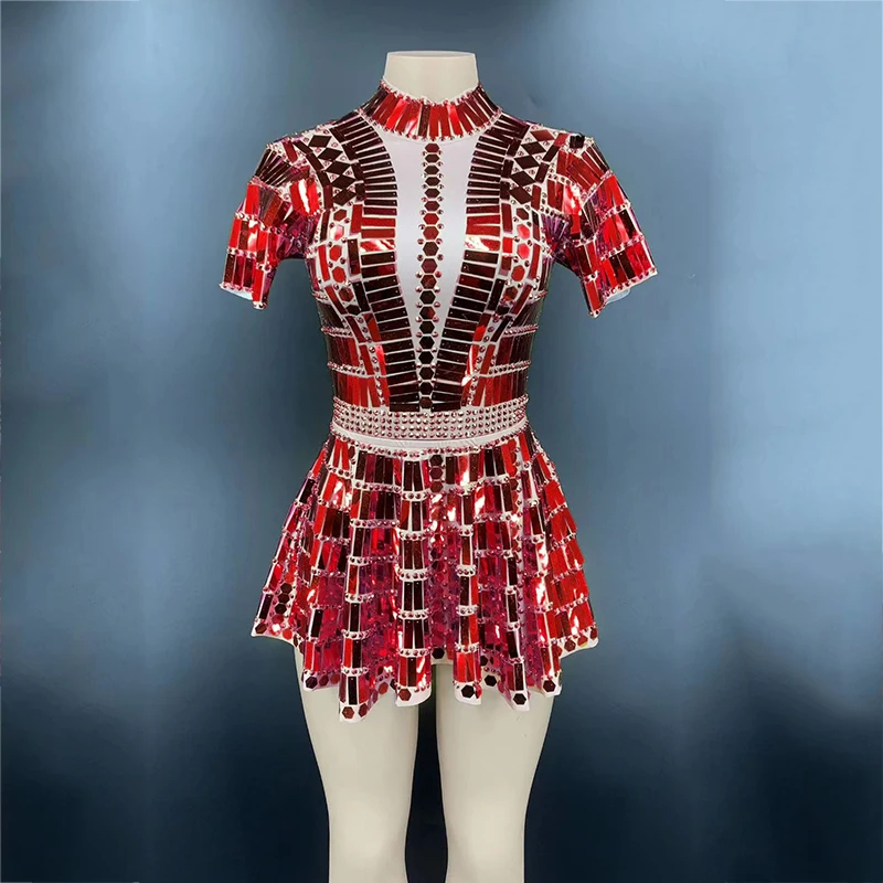 2025 Nightclub Bar Female Singer DJ Shiny Mirror Costume Short Sleeves Dress Gogo Dance Costume Rave Party Gold Stage Outfit yj