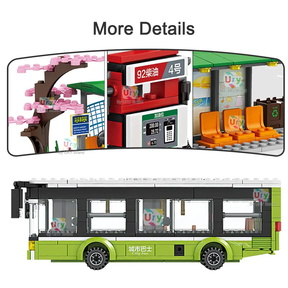 City Traffic Car Green Blue Passenger Bus Station Single-Deck Public Set Figures Model Building Blocks DIY Toys for Boys Gifts