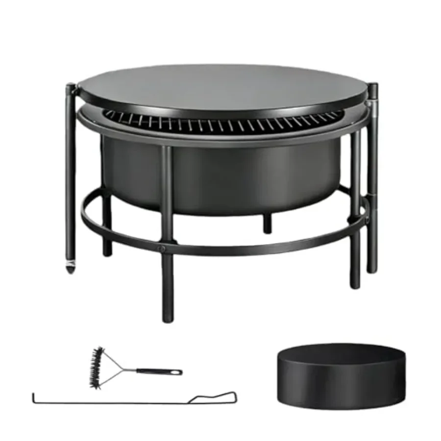 Outdoor fire pit for backyard use, cold-finished steel bowl, black, rotating BBQ grill table with poker, brush and waterproof c