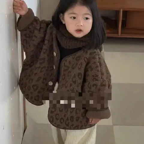 여아용 레오파드 프린트 V넥 플러시 겉옷, 두꺼운 상의, 2023 가을 겨울 아동복 재킷, 신상