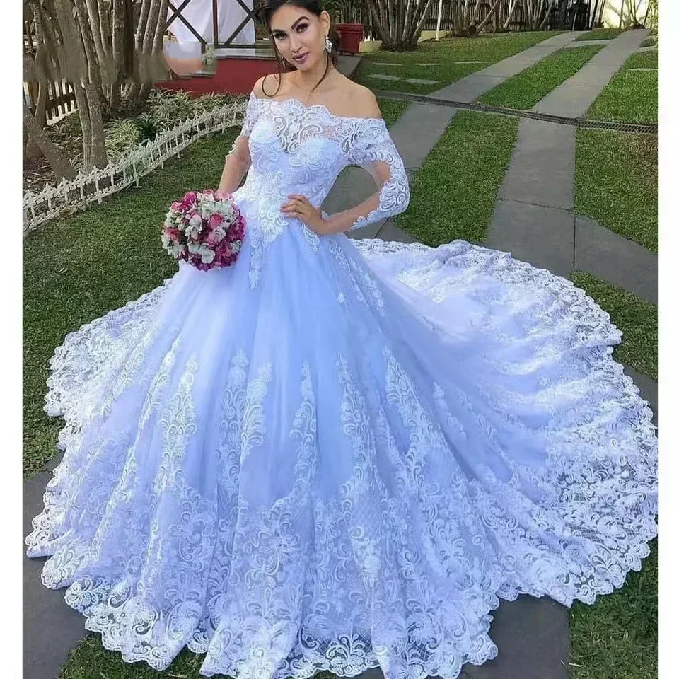 

Customized Off The Shoulder Lace Appliques Wedding Dress Vestido De Casamento Sweep Train Long Sleeves Garden Bridal Gown
