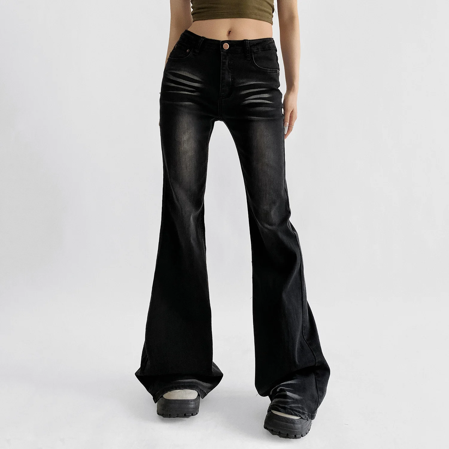 

High-Waist Distressed Flared Jeans for Women — Vintage-Fade Bell Bottoms with Stacked Hem