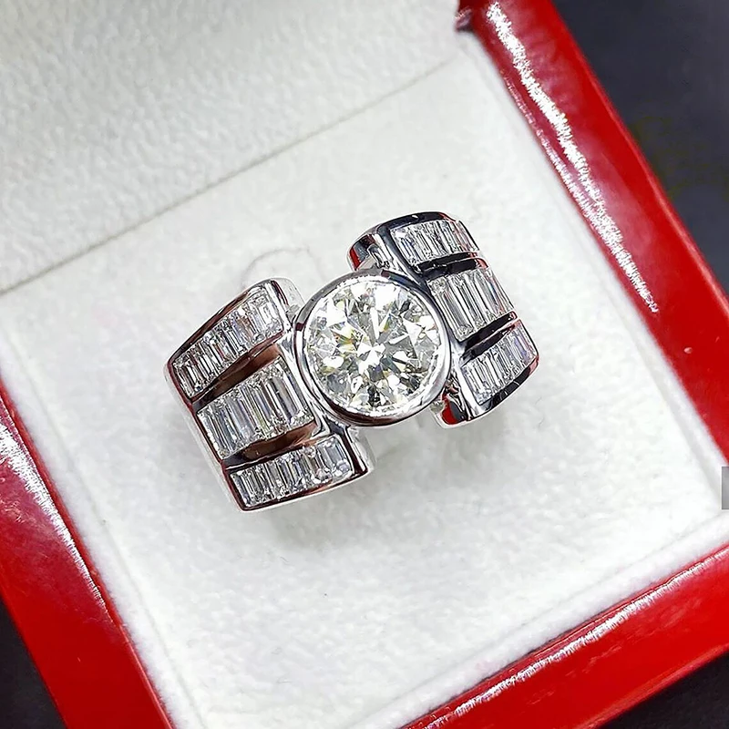 Huitan Geometric Cubic Zirconia Crystal Rings for Women Silver Color Gorgeous Wide Rings Wedding Party Modern Trendy Jewelry