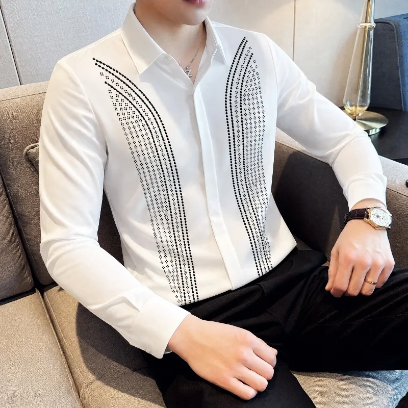 Luxury Rhinestone Long Sleeved Shirt for Men Slim Fit Business Social Formal Shirts Stage Performance Party Banquet Costumes
