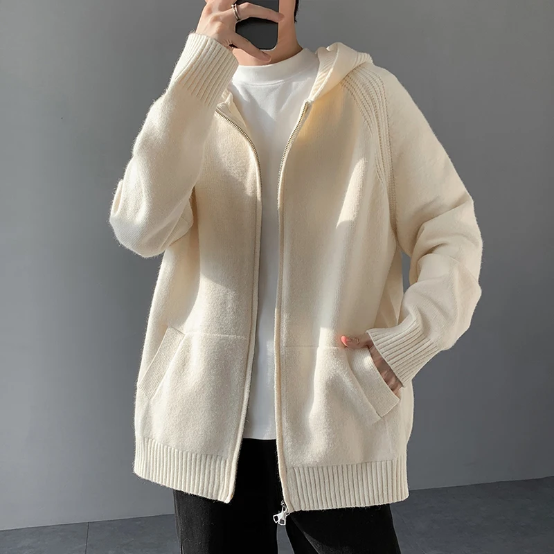 

Осень-зима, мужская вязаная толстовка с капюшоном, кардиган, повседневный универсальный свободный базовый слой, большой размер, мягкий свитер, пальто для молодежи