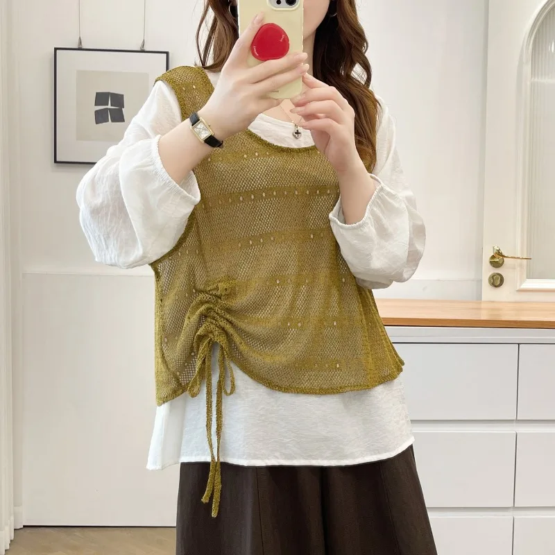 Women Two Piece Outfit Early Autumn Drawstring Hollow Vest Loose Hide Belly Blouse Set