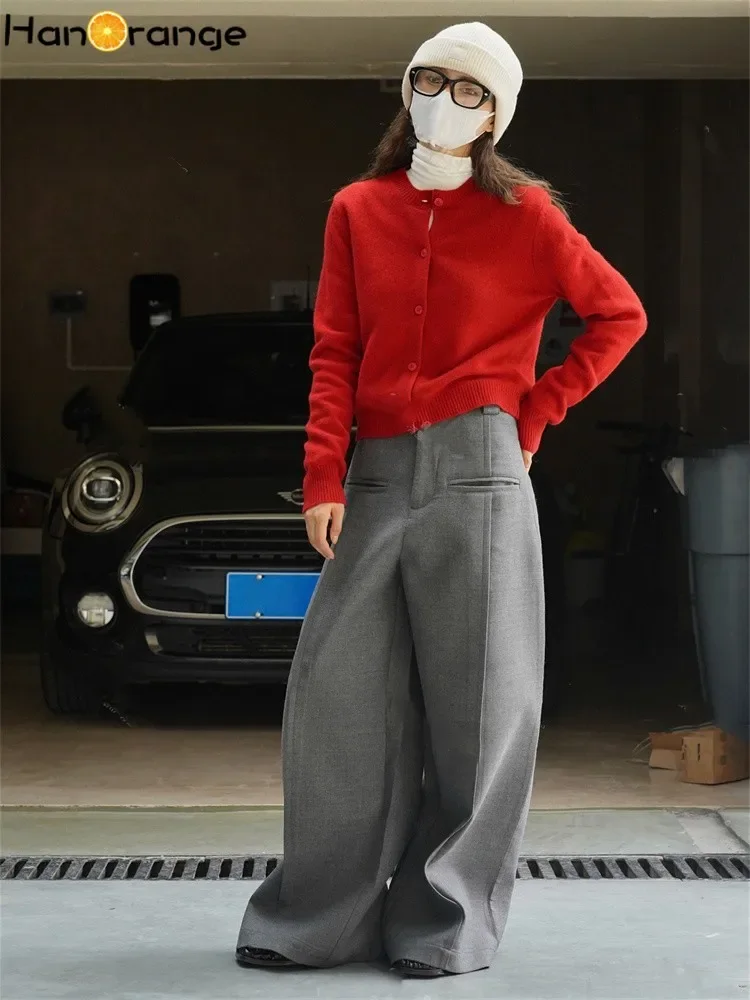 HanOrange 2024 Winter Silhouette Wool Laydown Sweater Women Cardigan Slim Top Female Off White/Black Gray/Purple/Deep Red