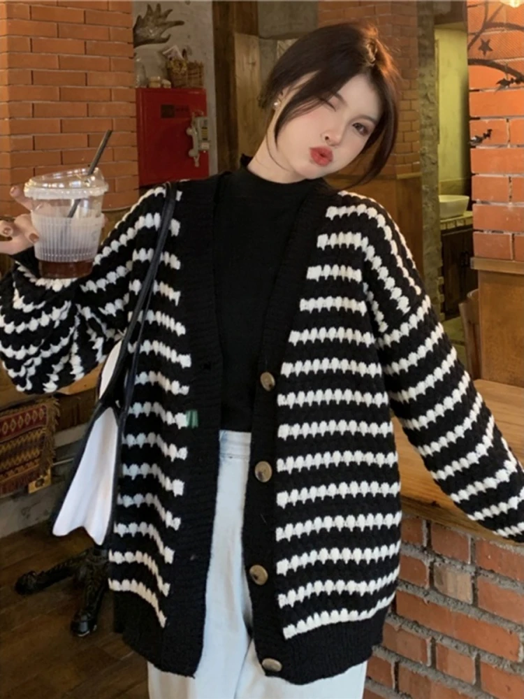 Thiened gestrickte offene Strickjacke Winteroberbekleidung V-Ne Damenpullover Jaet Sli Lazy Stripes Commute Sle Long Sve