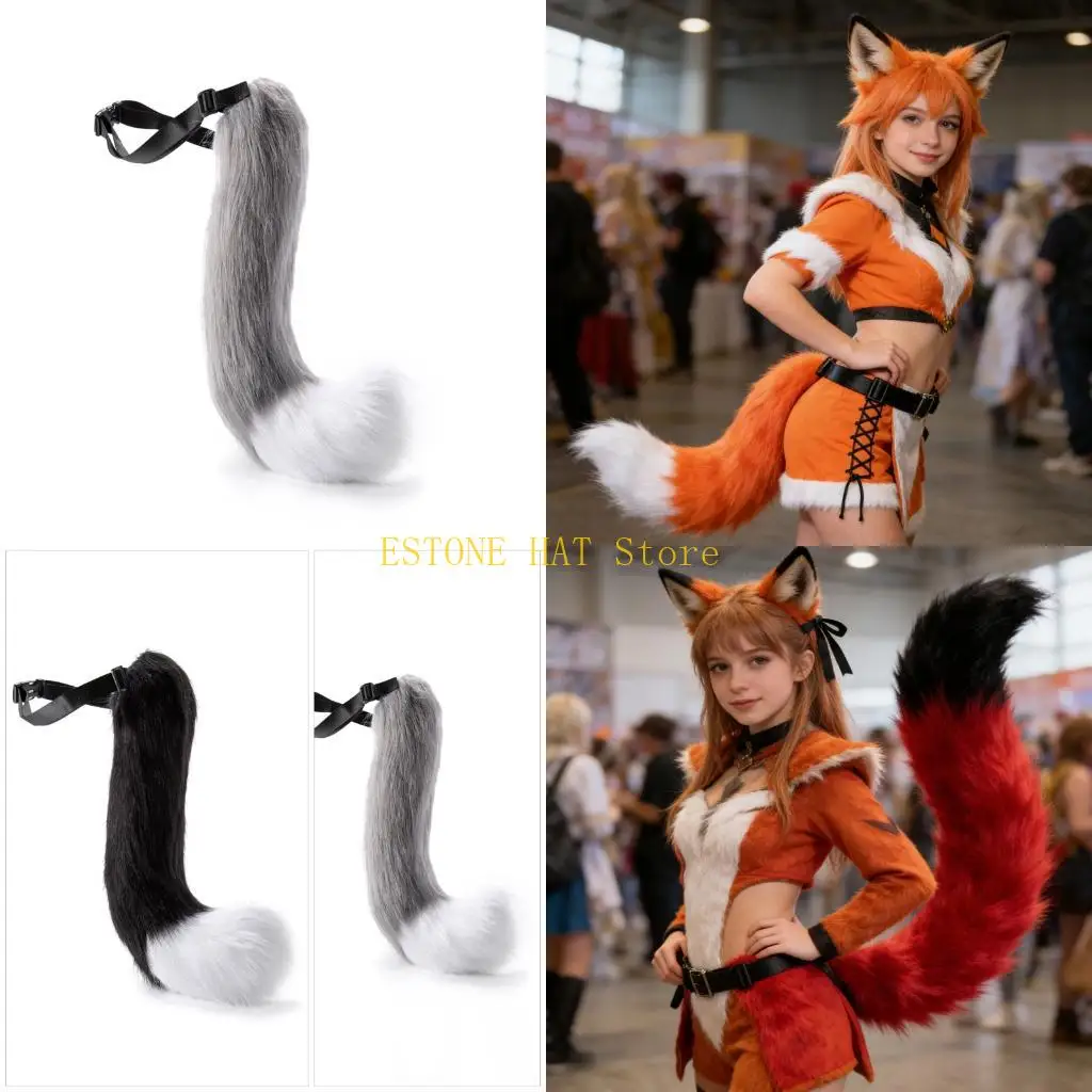

49MF Furry Foxes Tail Belt For Cosplay And Themed Parties Soft Adjustable Faux Furs Accessory Halloween Furry Tail Stay
