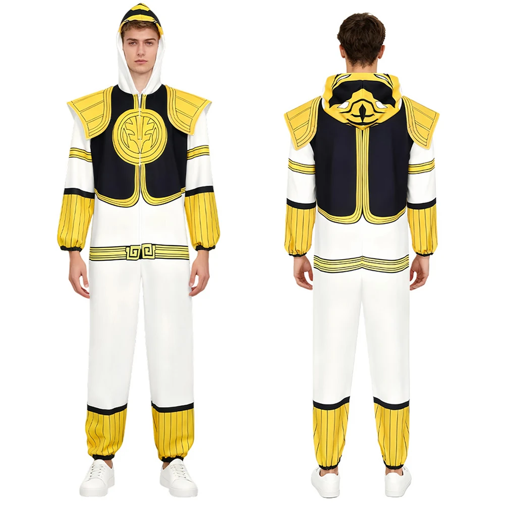 TV Powerful Ranger Yellow Solider Cosplay Swimsuits Costume White Gloden Jumpsuit Swimwear Hooded Pajamas Halloween Clothes Men