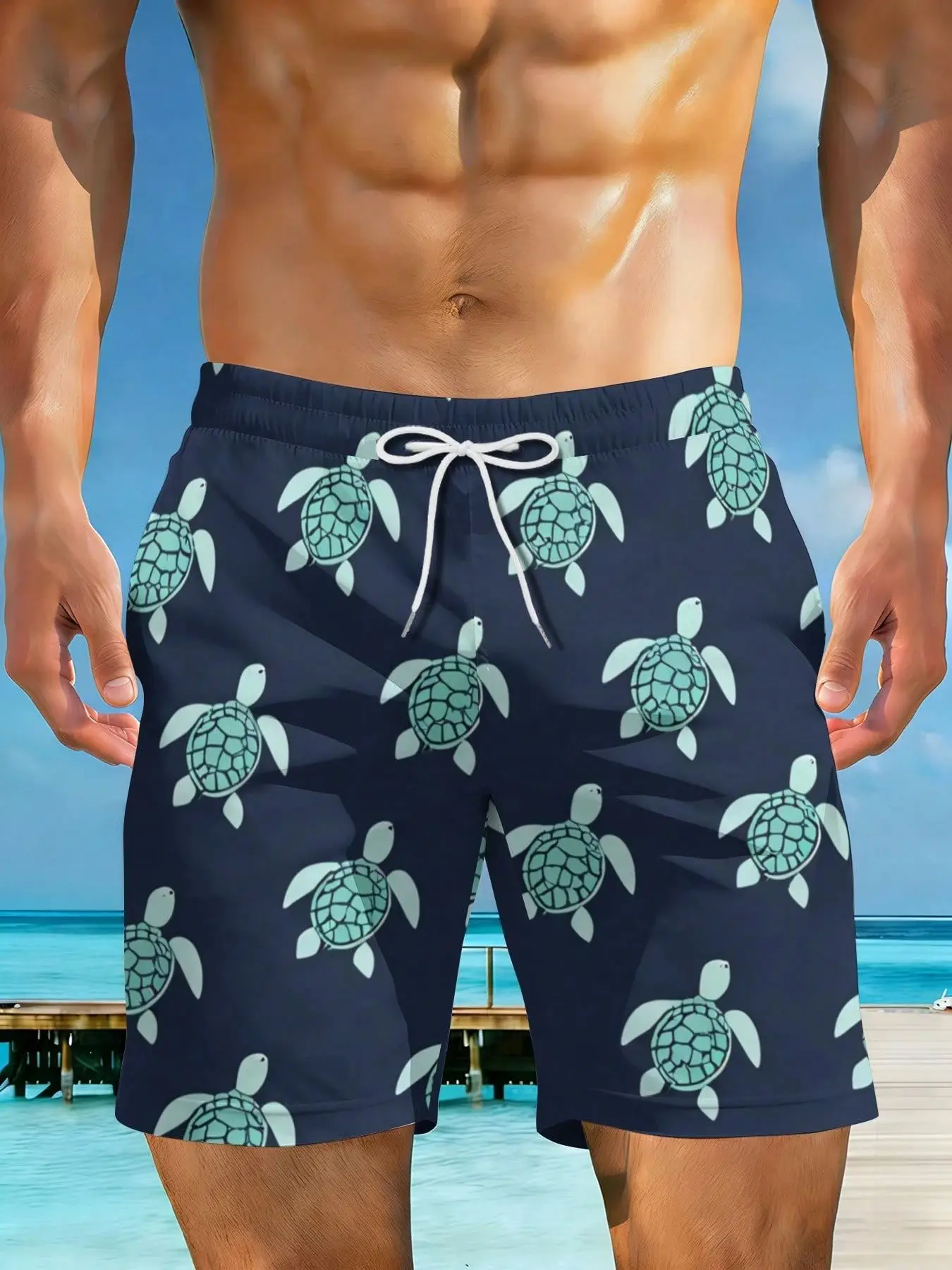 

2026 Summer New Styles Turtle Pattern On Navy Background Plus Size Men's Casual Beach Shorts Suitable For Summer Outings And Beach Vacations Surfing And Relaxation Activities