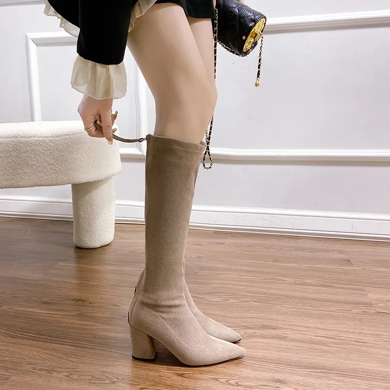 Classics Women's Boots Knee High Flock 2024 Autumn Winter New Mature Casual Pointed Back Zipper Fashion Square Heel Women Shoes image 3