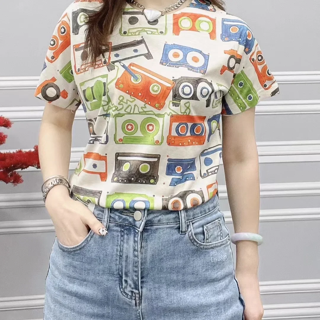 

2025 Colorful Printed T Shirts Women Clothing Vintage Style Casual Cartoon Pattern O Neck Short Sleeve Sim Fit Tee Ropa De Mujer
