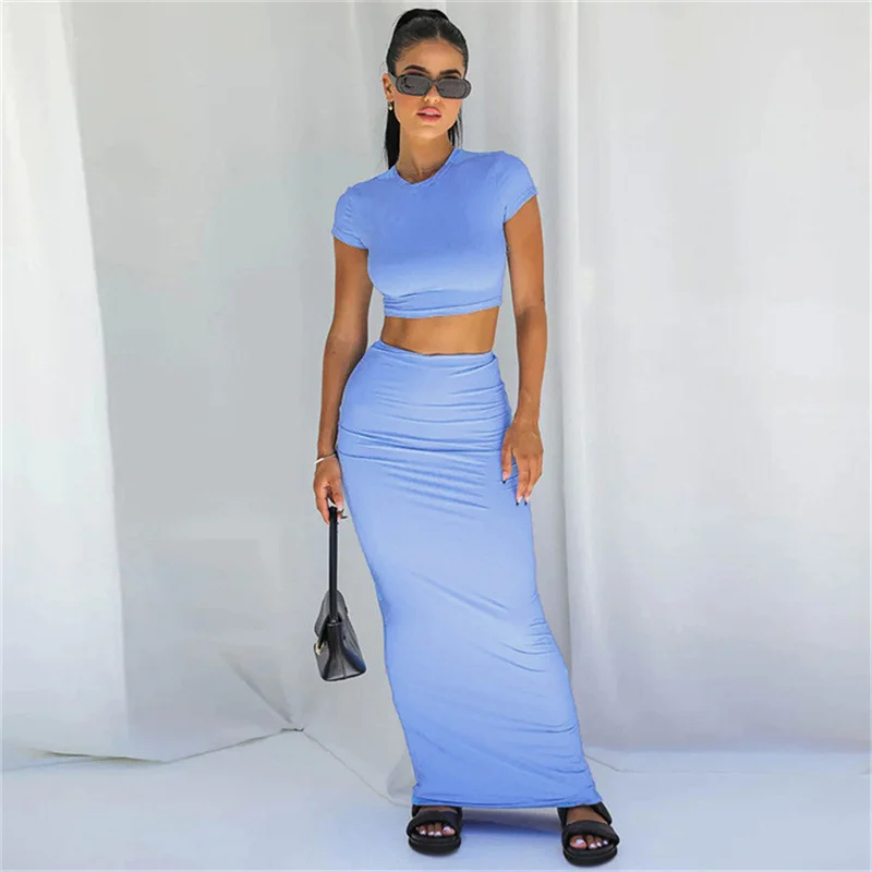 2023 Basic Casual Solid Two Piece Set Women Hipster Short Sleeve O-neck T-shirts + Matching Hip Skirt Female Bare Midriff Suit