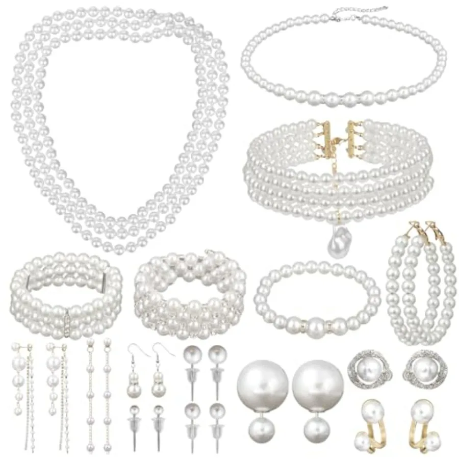 

Jupwalz 16 Pcs Pearl Jewelry Set with Necklace, Earrings and Bracelets, Pearl Necklaces for Women, Faux Pearls Set Jewelry for