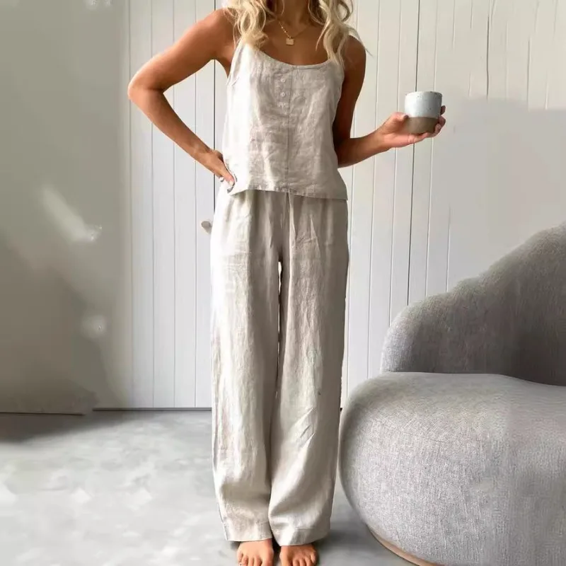 Neuer Ärmelloser Hosenträgeranzug Zweiteiliger Lockerer Modischer Anzug Freizeitkleidung für Zuhause Damen Eleganter Lässiger Einfarbiger Anzug