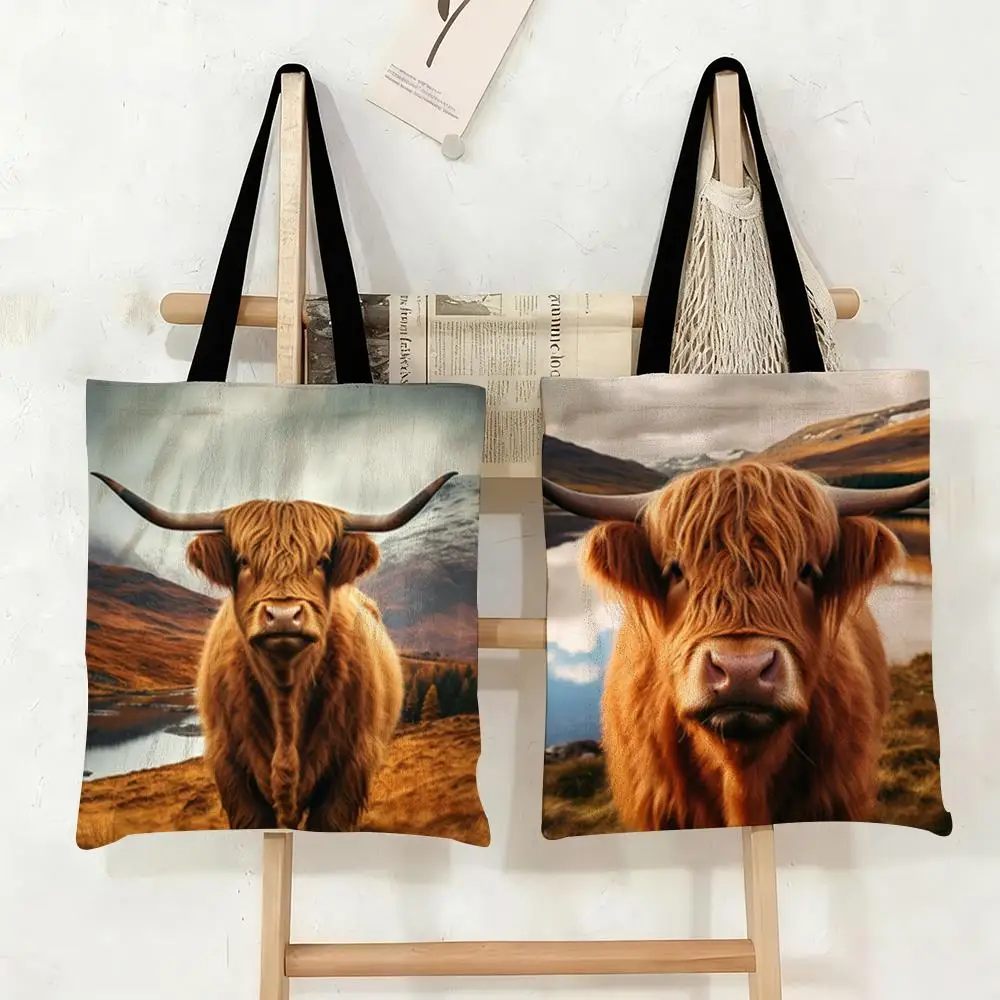

Cute Highland Cow Storage Bags Canvas Double-Sided Print Daily Shoulder Commute Shopping Bag Trendy Folding Handbag