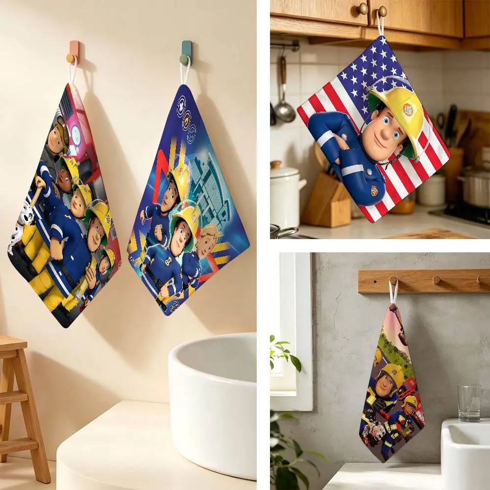 Anime For Firemans S-Sam Hanging Style Hand Wiping Towel Polyester Cotton Anti-fade For Indoor Kitchen Living Room