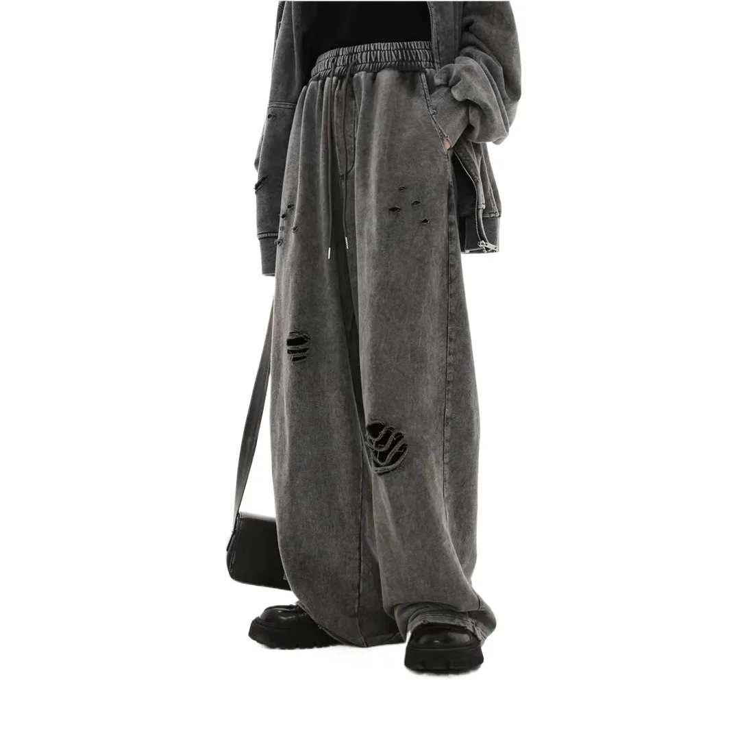 Men Fashion High Street Ripped Hip Hop Joggers With Holes Washed Distressed Vintage Y2K Style Pants Retro Trousers Elastic Waist