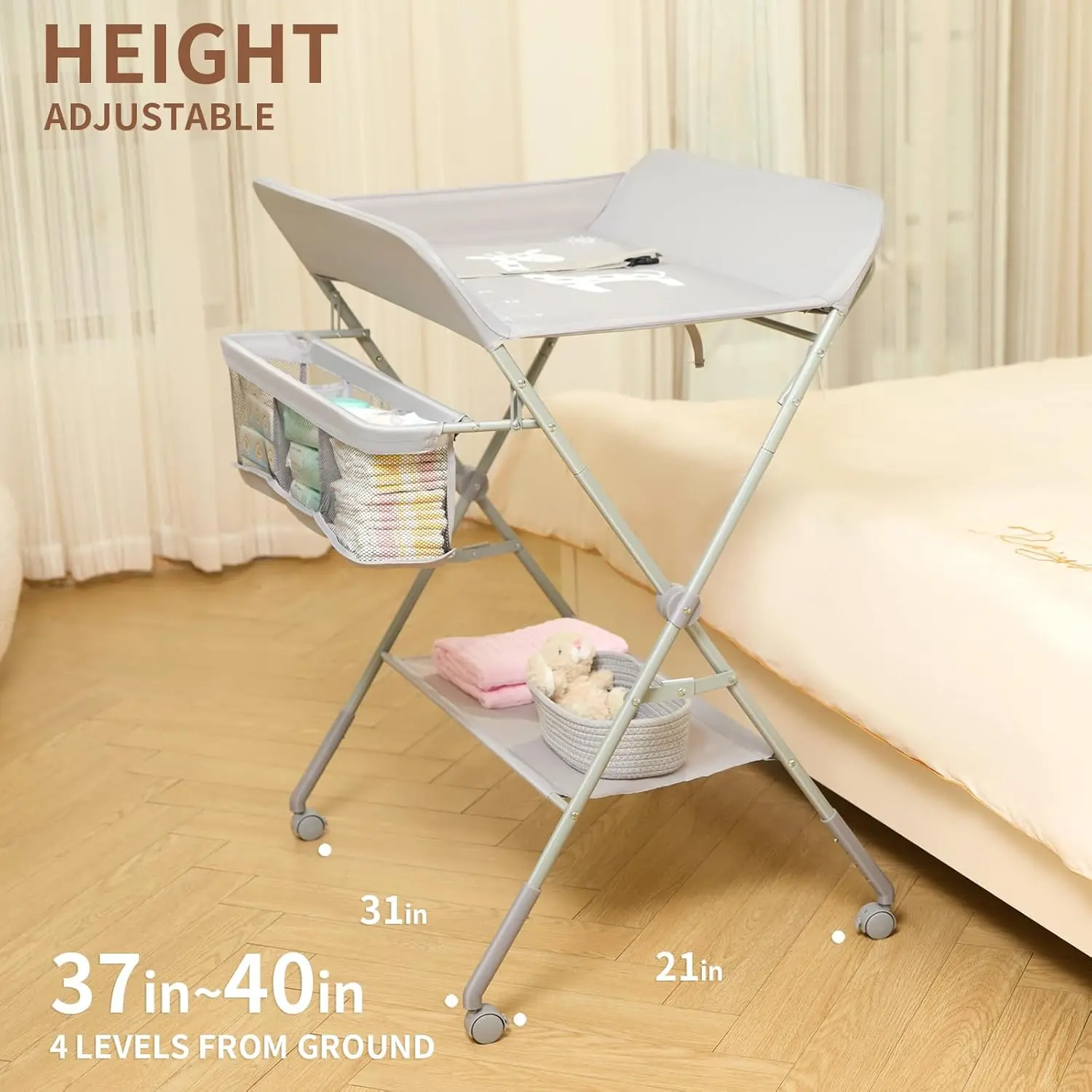 Portable Baby Changing Table with Wheels, 4-Level Height Adjustable Diaper Station & Storage Rack for Newborns (Light Grey)