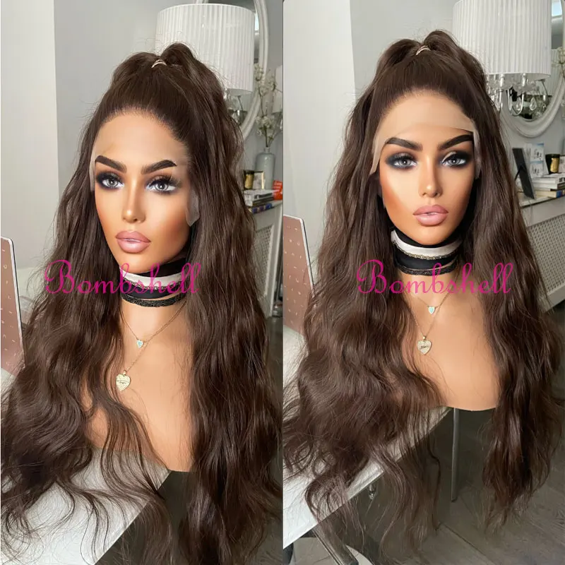 Dark Brown Water Wave Hair Synthetic 13x4 Lace Front Wigs Glueless High Quality Heat Resistant Fiber Hair Free Parting For Women