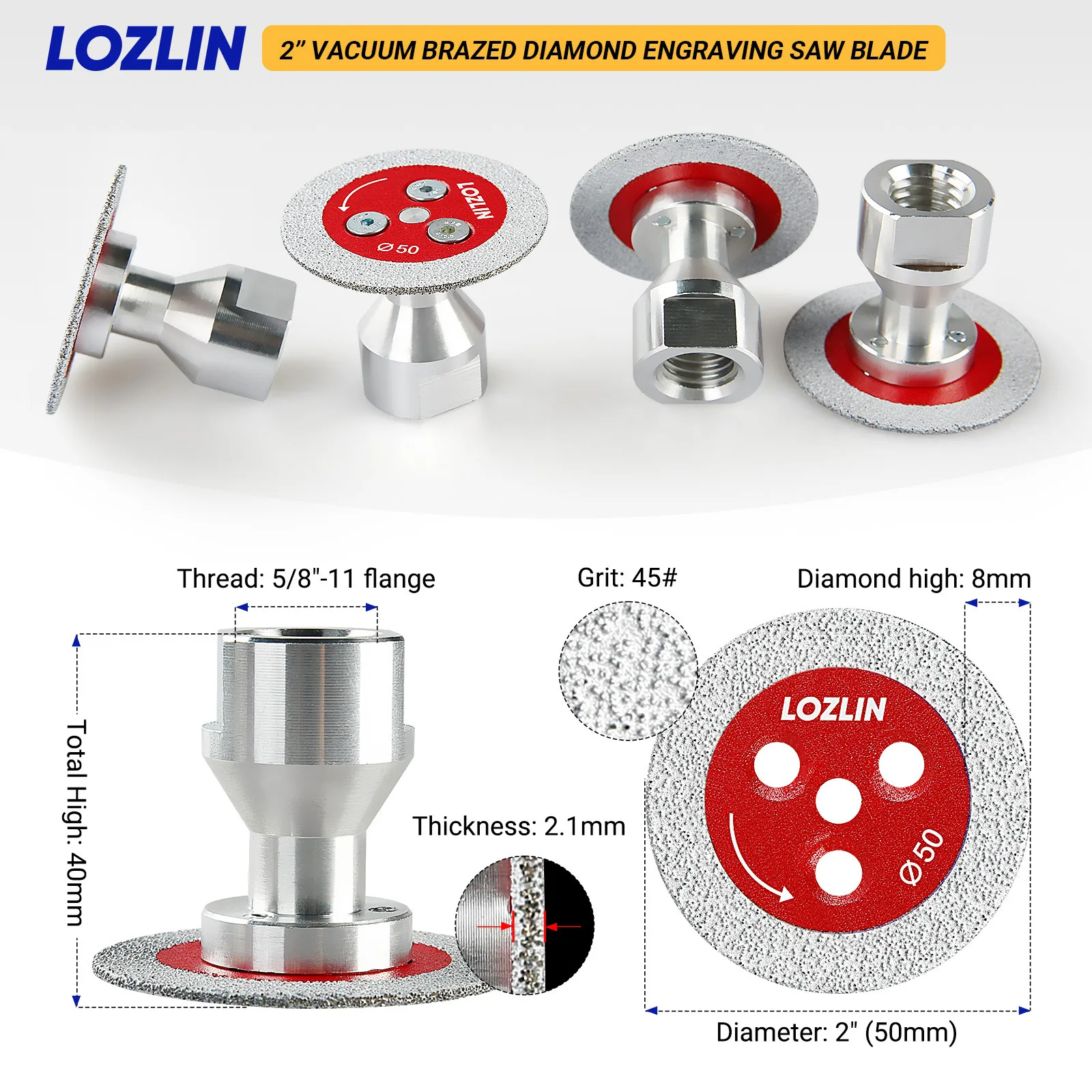 LOZLIN 50mm Diamond Mini Saw Blade 5/8-11 Thread Engraving Cutting Disc Red Brazed Blade for Glass Jade Crystal Tile Marble Granite Stone Carving Lettering Cutting Tool for Angle Grinder