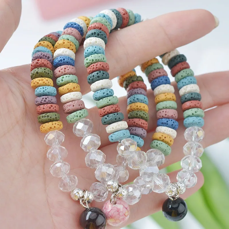 6pcs/ Lot Colorful Lava Stone Beads Bracelet Set Clear Crystal Strand DIY Perfume Essential Oil Diffuser Jewelry for Women Gift