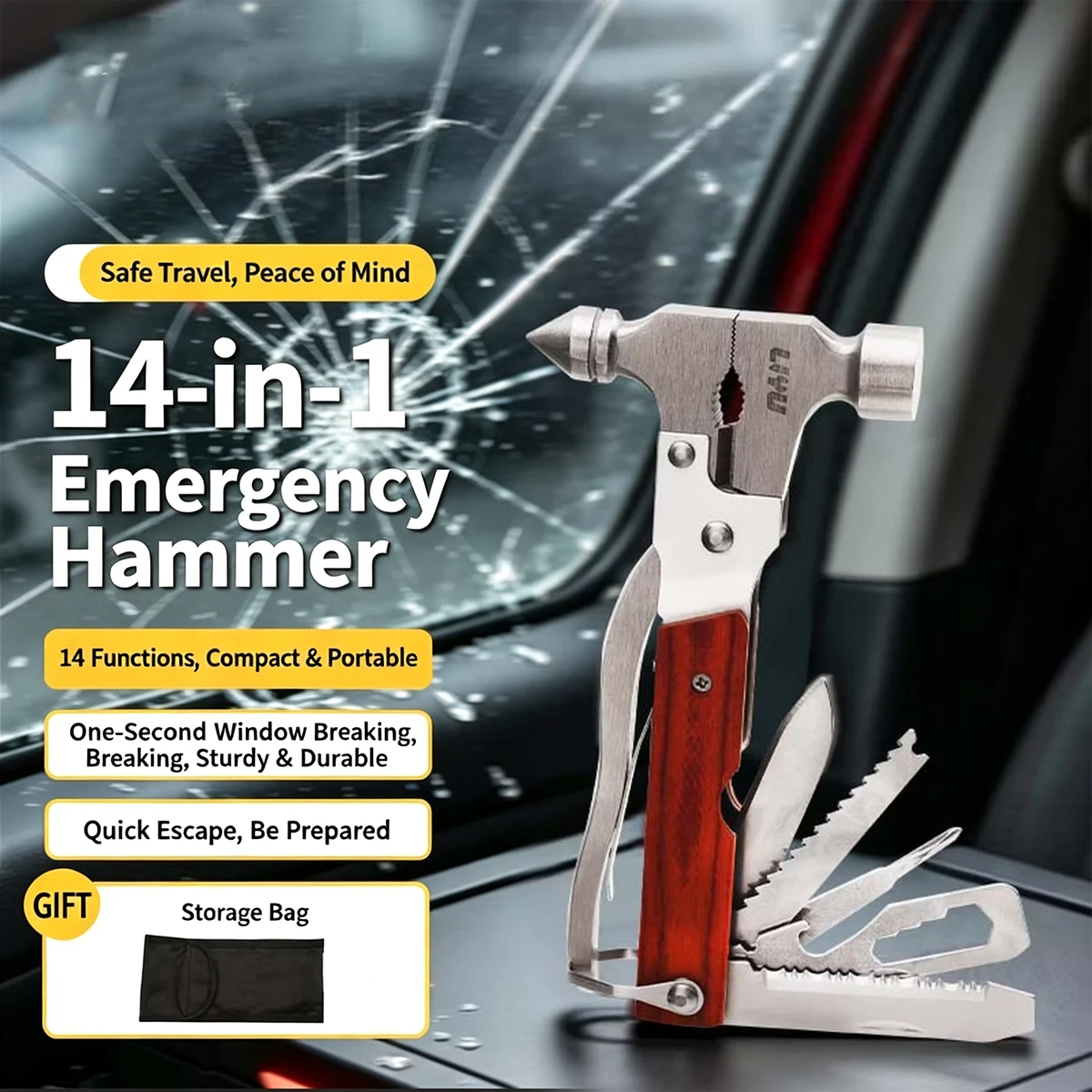 14 in 1 Multifunctional Car Safety Hammer Emergency Escape Tool Window Breaker Seatbelt Cutter Portable Survival Hammer