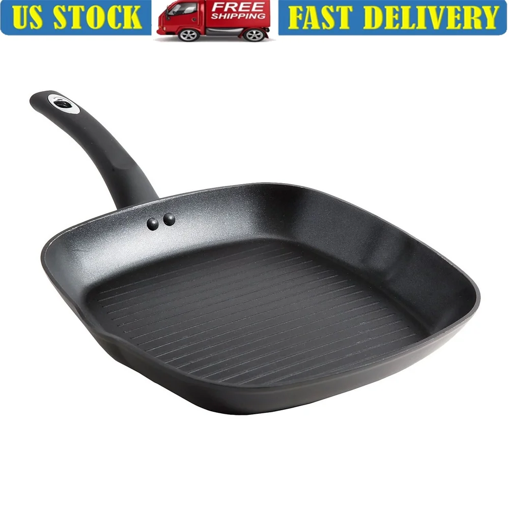 مقلاة شواء مربعة مقاس 11 بوصة، سطح طهي من الألومنيوم غير لاصق، مقبض مقاوم للحرارة، جاهز للغسيل اليدوي وسهل التنظيف