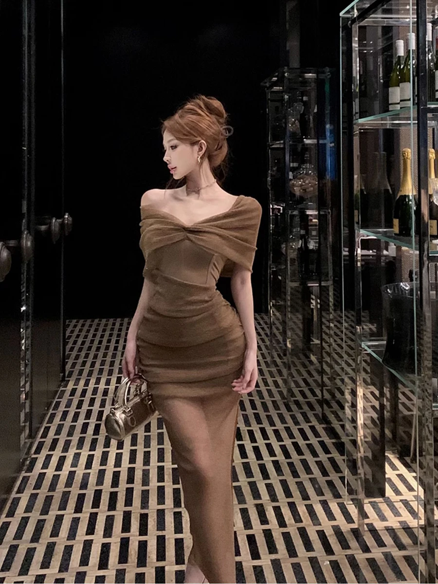 RORORIRI オフショルダー グリッター メッシュ イブニング ドレス ボーン コルセット シャーリング スリム ボディコン スプリット ロング ドレス 高級 レトロ パーティー ガウン