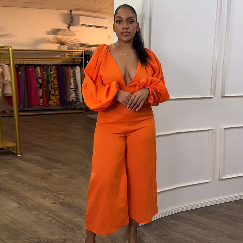 

Elegant Deep V-neck Sexy Jumpsuit for Womens Fall Winter Latern Sleeve High Waist Loose Wide Leg Rompers Backless Overalls Club