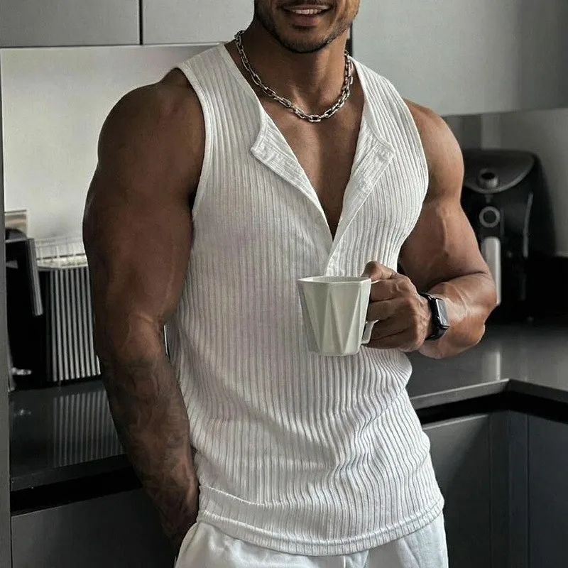 Sporty Tank Top Solid Color Crew Neck Button Front Ribbed Knit V Neck Slim Fit Cropped Deep V Placket Collar Sleeveless Muscle view 2