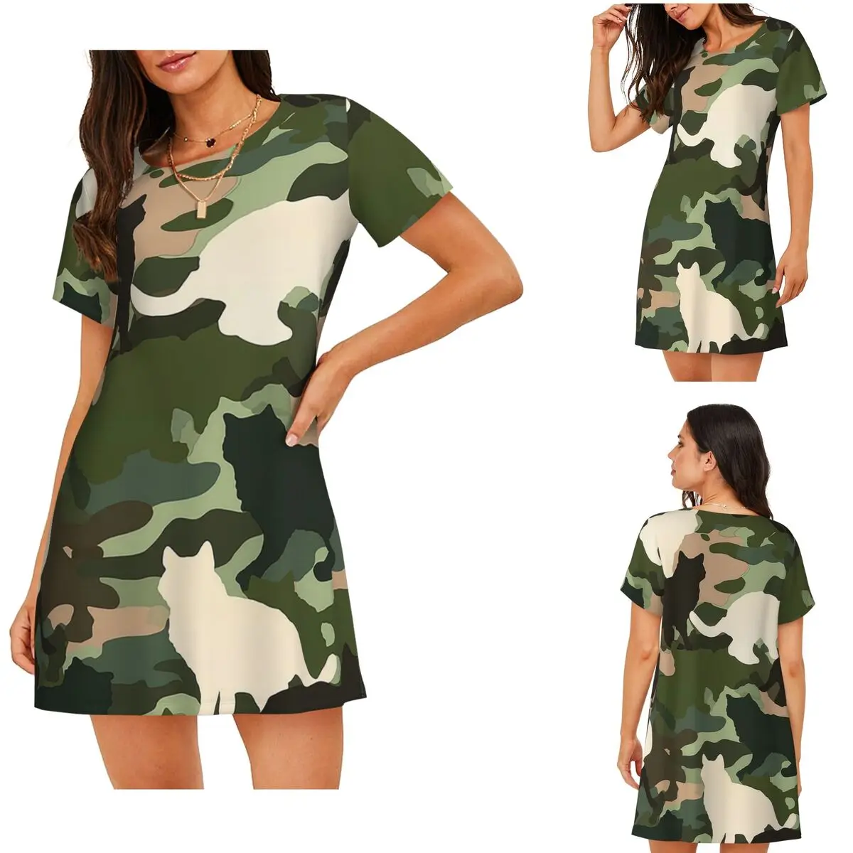 Custom Cat Camouflage Short Sleeves Nightdress For Sleeping Sleepshirts Women Short Sleeve Nightgowns Loose Pajama Dress